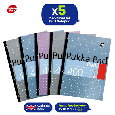 Pukka Pad A4 Refill Notepad with 400 Pages of 80GSM Paper, ,Blue,White,Pink,Silver - Pack of 5