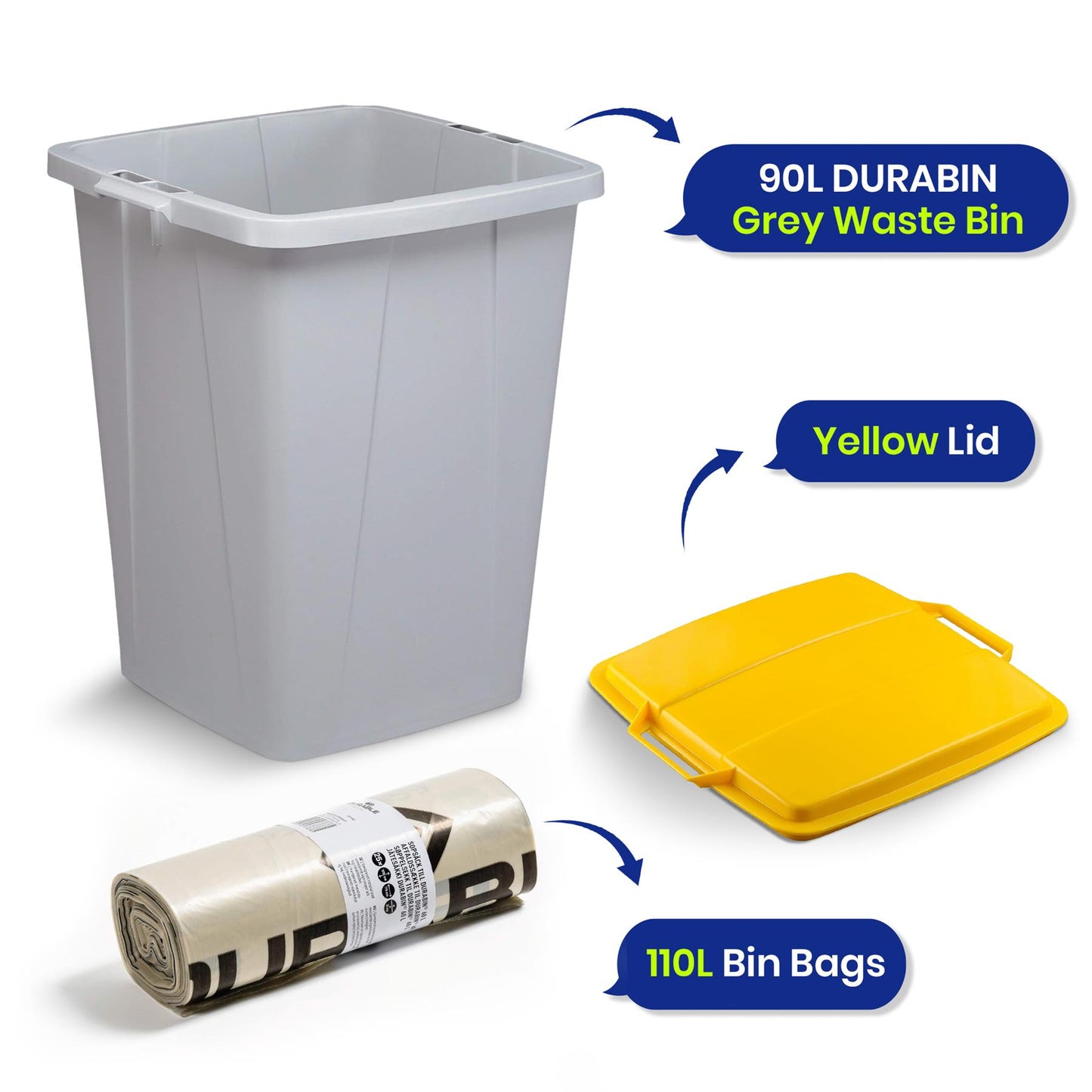"DURABIN 90L Grey Bin with Yellow Lid and 25x 110L Recycled Bin Bags for Everyday Use