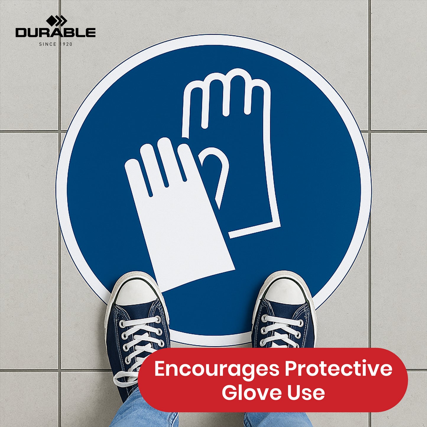 Durable Protective Gloves Floor Sticker - 43cm Blue Safety Sign Self-Adhesive Decal for Workplace