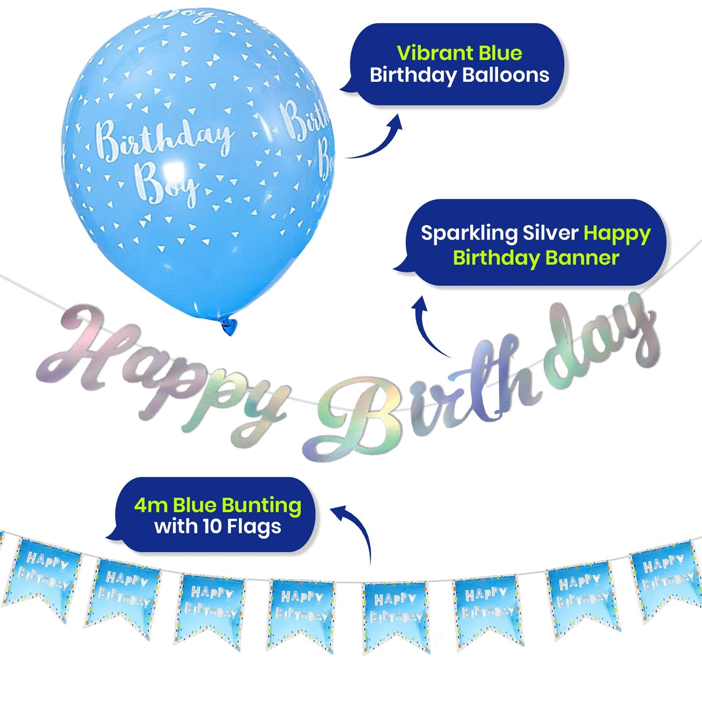 Blue Balloons Silver Garland and Bunting Birthday Party Decorations Set
