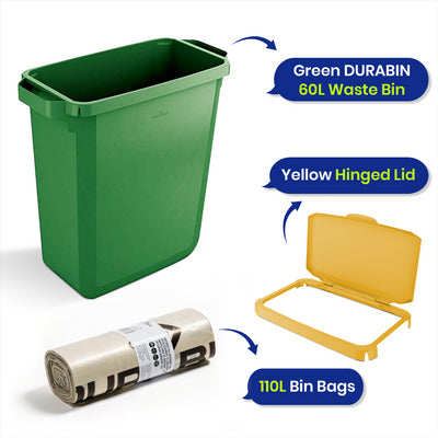 DURABIN 60L Green Bin Set & Yellow Hinged Lid and 25x 110L Recycled Bin Bags