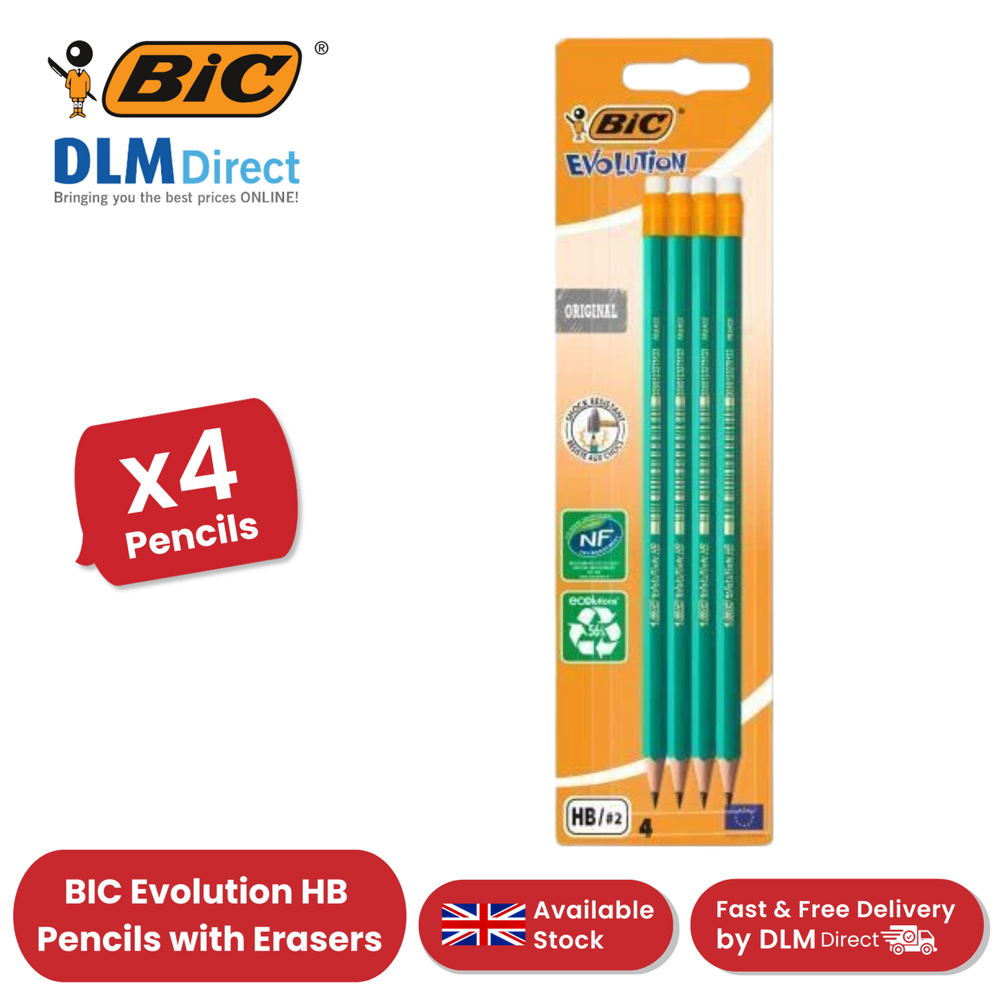 BIC Evolution Original HB Graphite Pencils Rubber Tipped - 4 Count (Pack of 1)