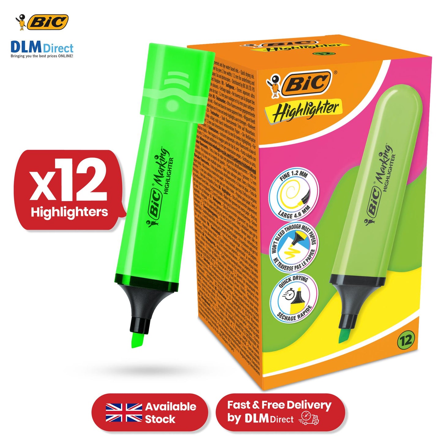 BIC 12x Marking Highlighter Flat Marker Neon Green Modular Tip for Precise Highlighting
