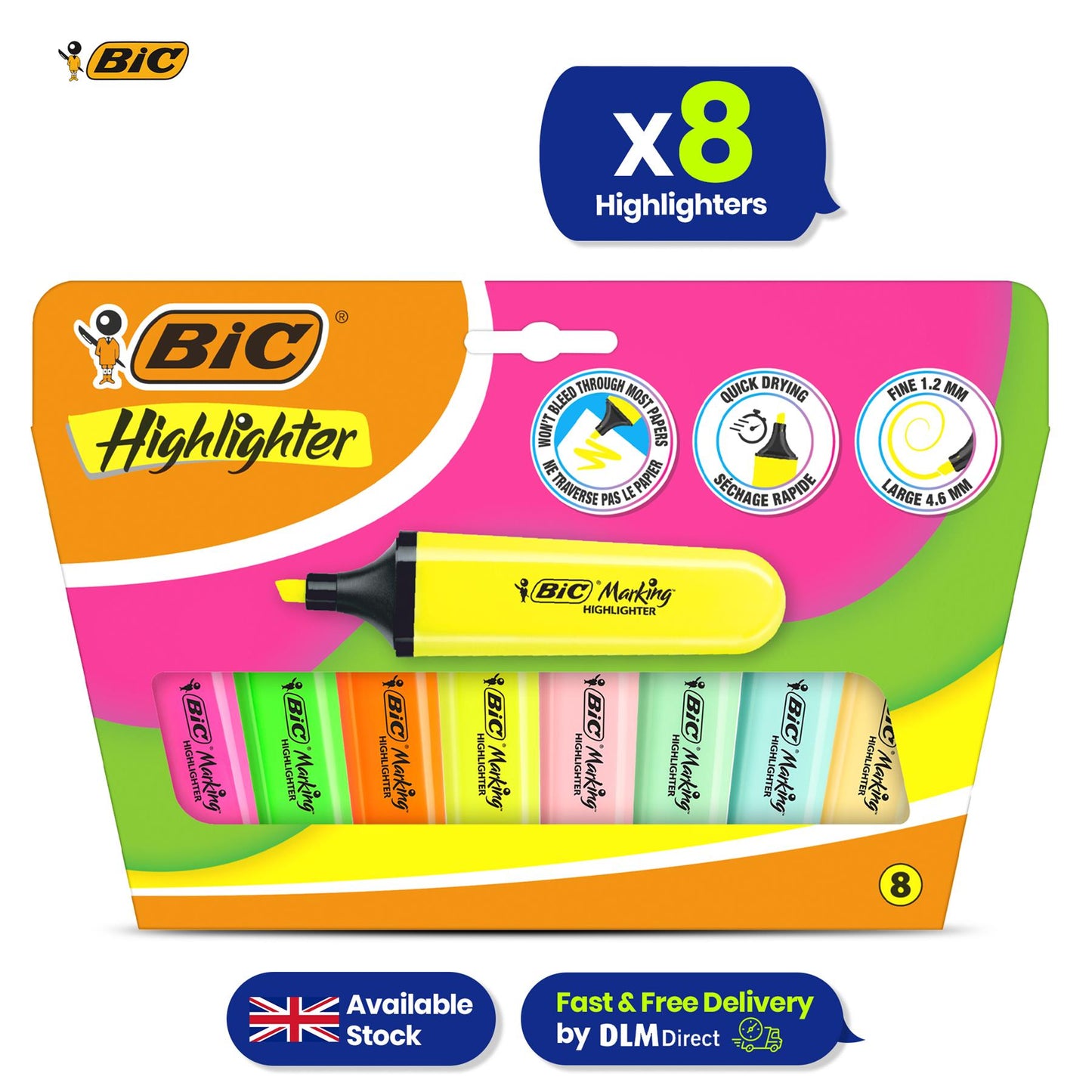 BIC 8x Marking Highlighter Flat Assorted Pastel & Neon Modular Tip for Precise Highlighting