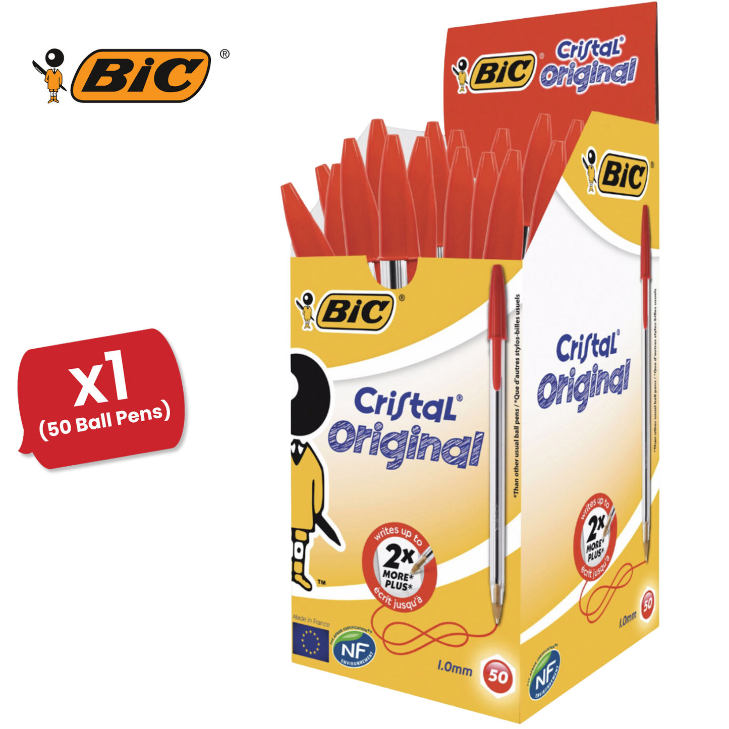 BIC CRISTAL MEDIUM BALL POINT PEN RED - BOX OF 50 - 1 to 5 Packs