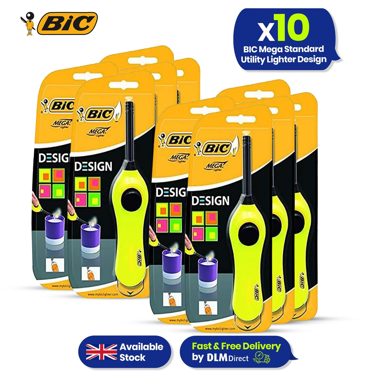 BIC Mega Utility Lighter - Plastic 6cm Wand Cooking Lighter, Push Button Lighters for BBQ