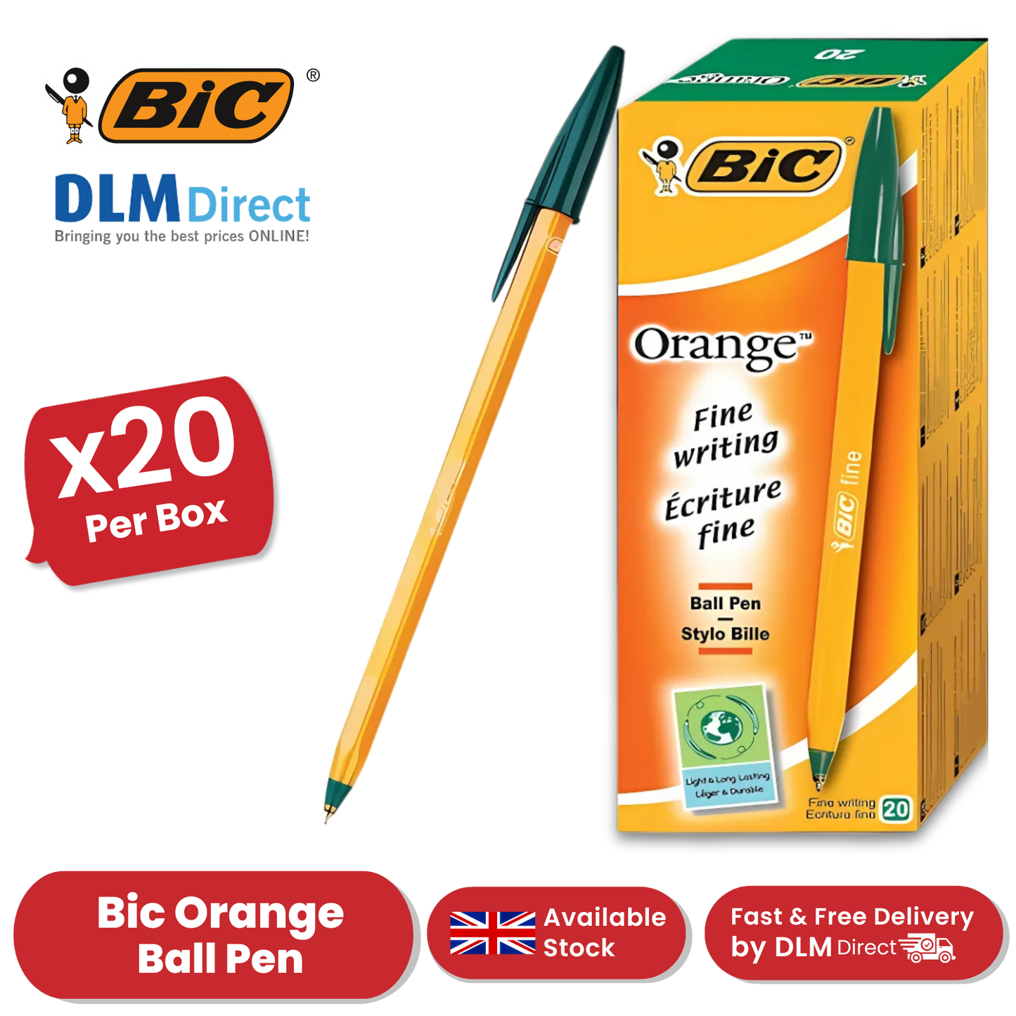 Bic Orange Ball Pen Fine Green PK20 1 to 5 Packs