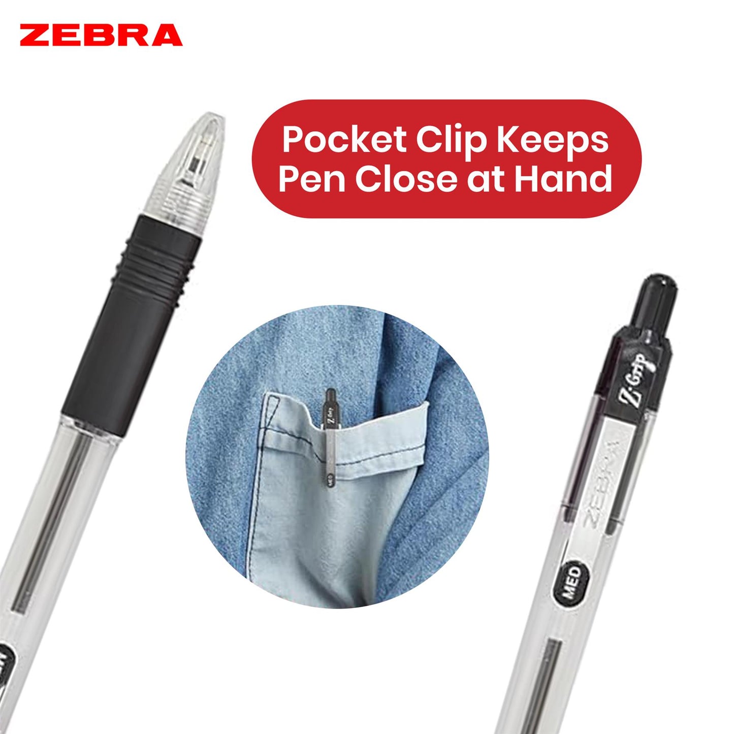 Zebra Ballpoint Pen Black Z Grip Retractable Pen 1.0mm Medium Point Biro for School Office (Pack of 50)