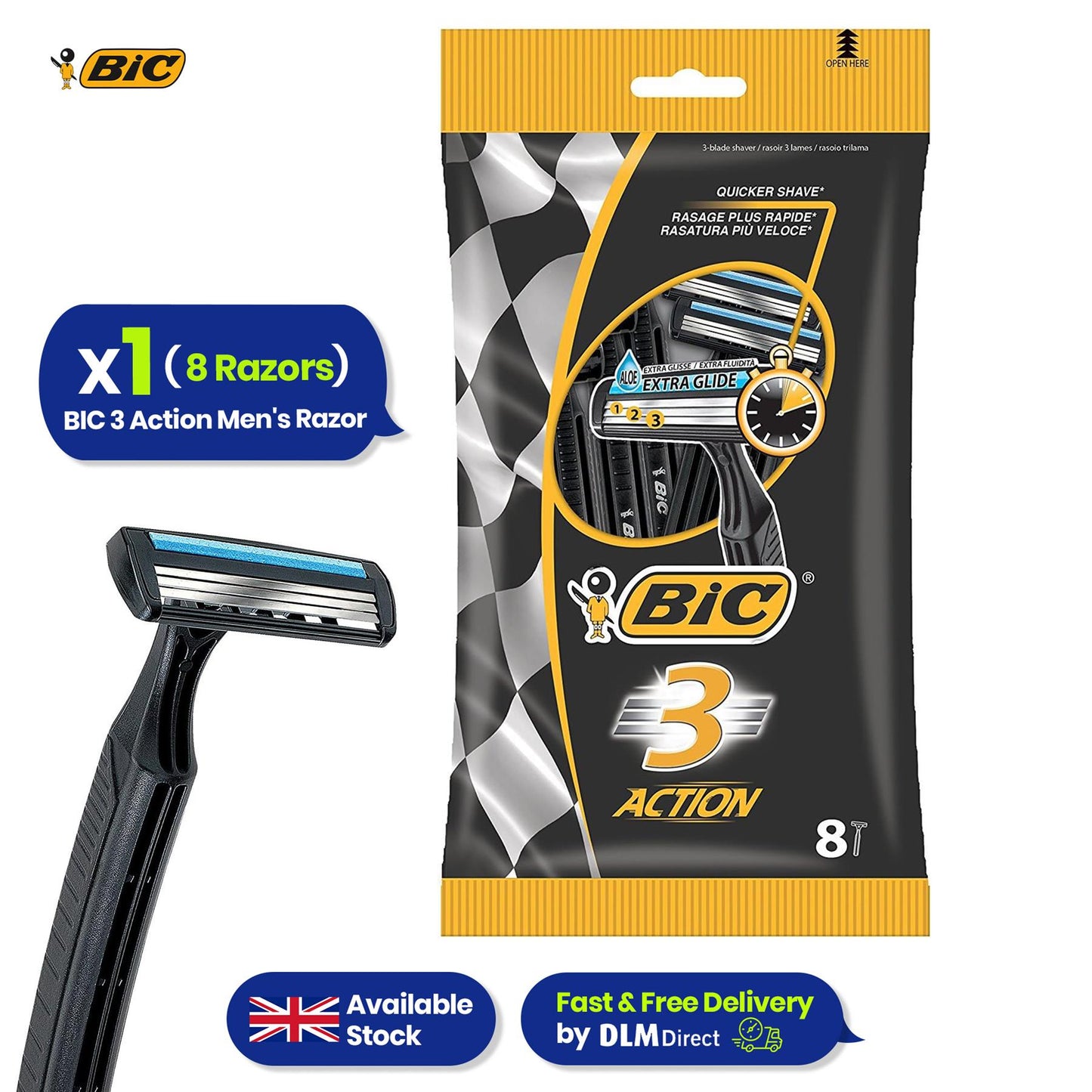 BIC 3 Action Mens Razor 8 Pack Disposable Shavers for Smooth Shave
