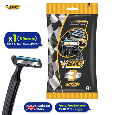BIC 3 Action Mens Razor 8 Pack Disposable Shavers for Smooth Shave