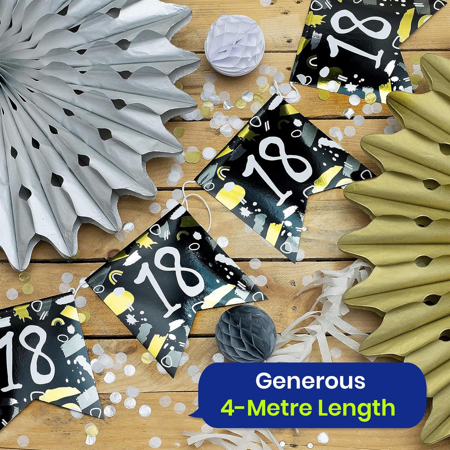 Happy 18th Birthday Black and White Bunting 4M Party Banner with 10 Flags Durable