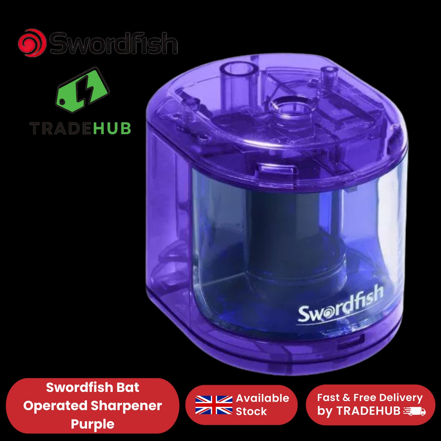Swordfish Battery-Operated Pencil Sharpener -Purple, School & Office Use Pack- 1