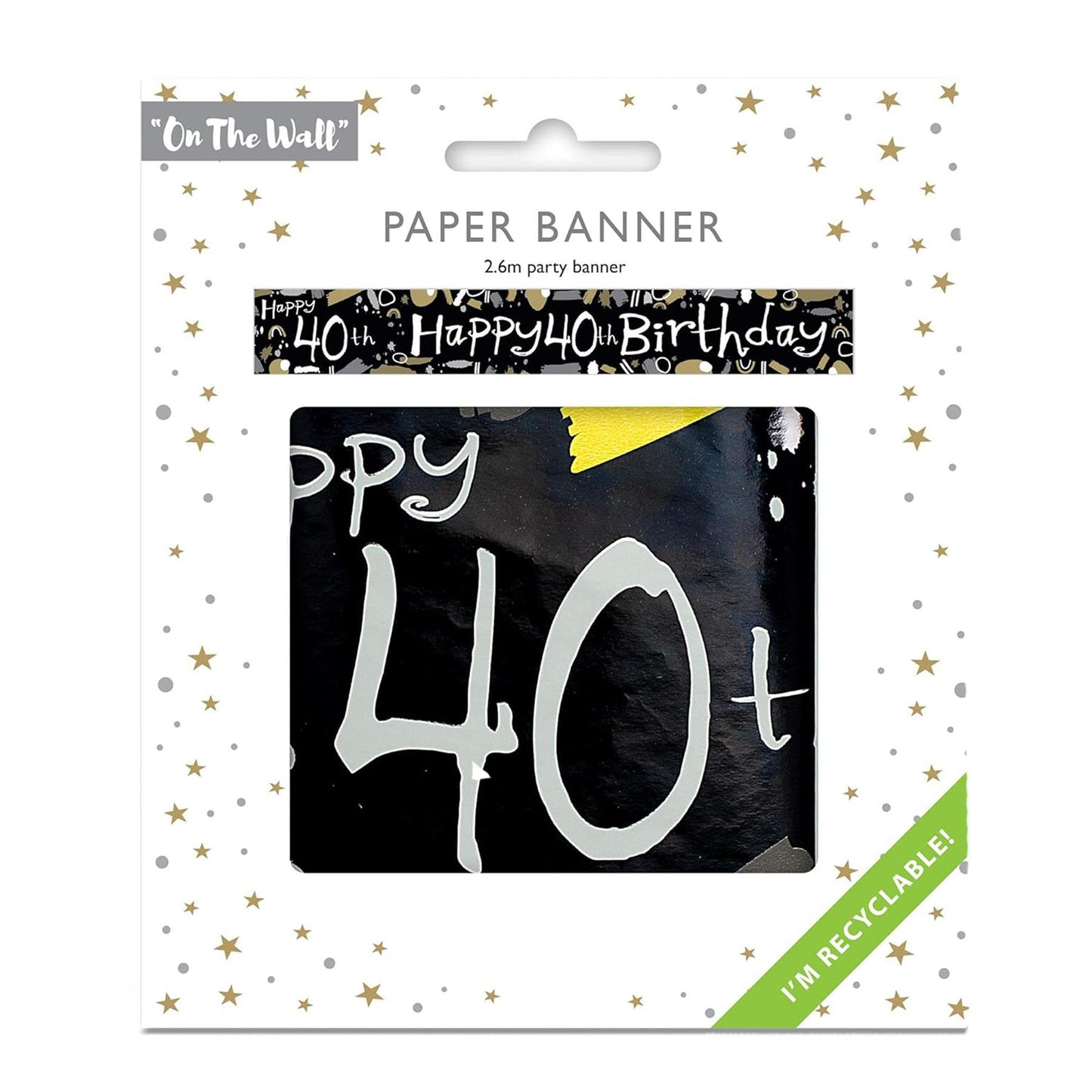Happy 40th Birthday Black and White Banner 2.6m Party Decor for Milestone Celebration