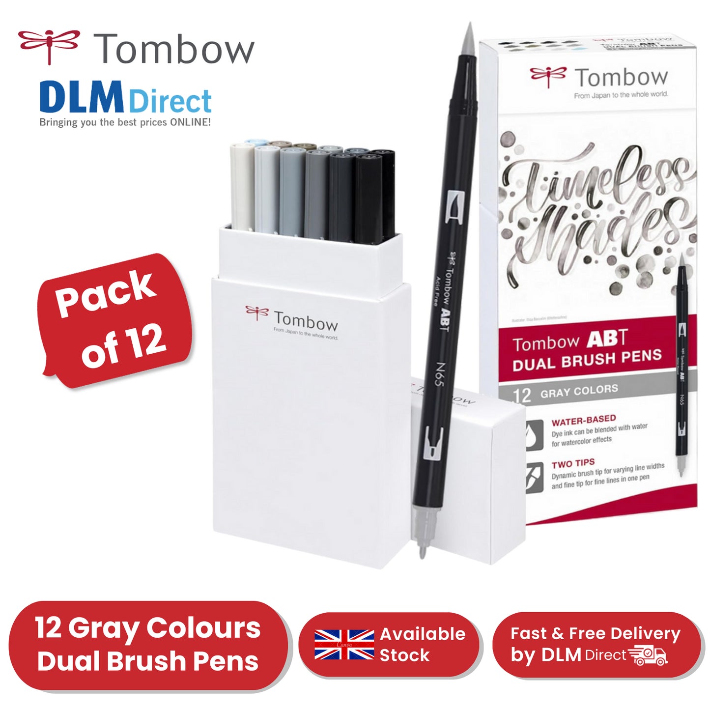 Tombow ABT Dual Brush Pen 2 tips Grey Tones Pack of 12 - 1 to 36 Packs