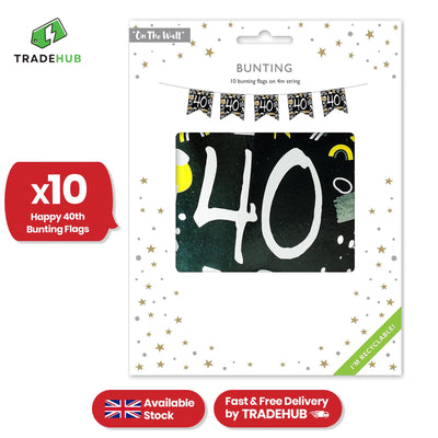 On The Wall Happy 40th Birthday Banner - Black & White, 4m Long - 10 Flags