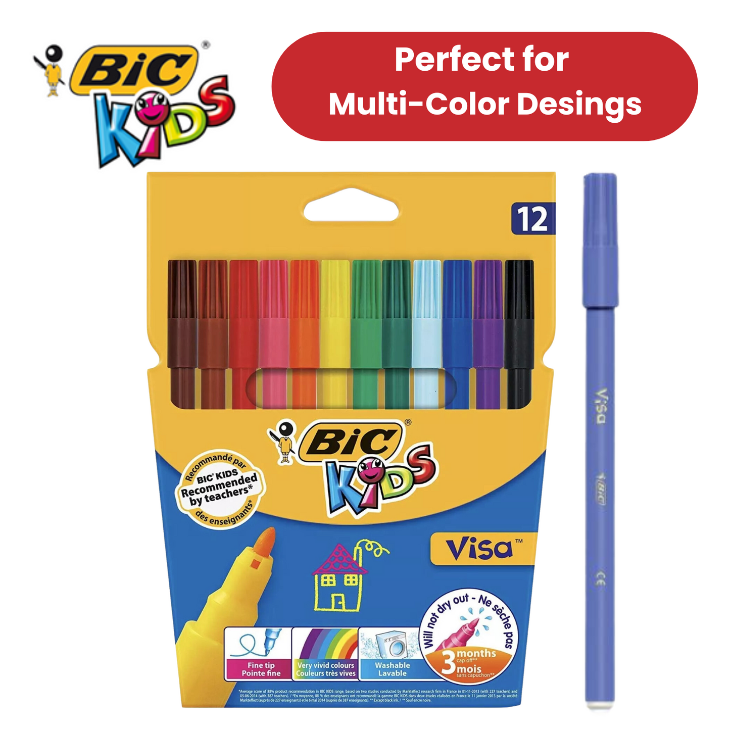BIC Kids Visa Felt Pens Assorted Colours - Wallet of 12 - 1 to 5 Packs