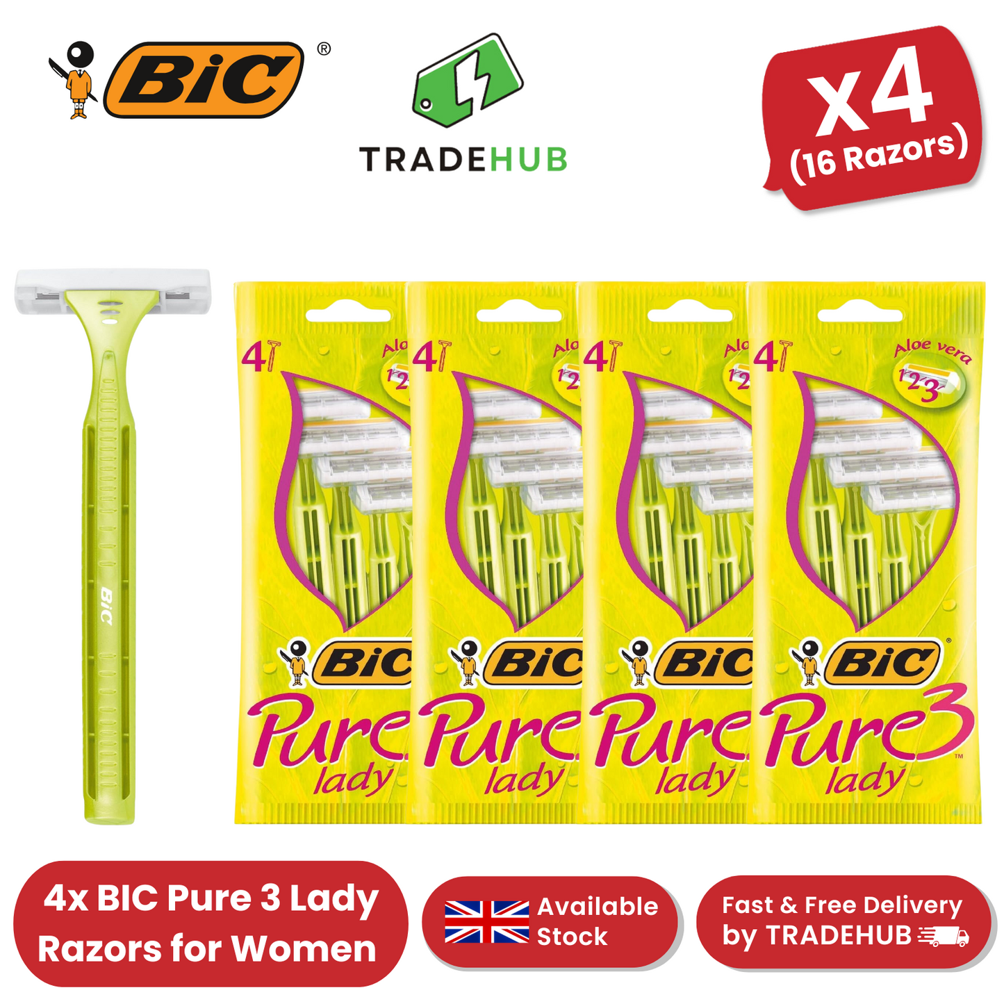 Bic Pure 3 Lady Shavers - 4 Packs