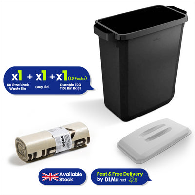 DURABIN 60L Black Bin Set and Grey Lid and 25x 110L Recycled Bin Bags