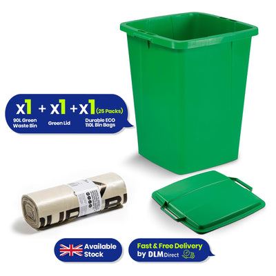 Durable DURABIN 90 Rectangular Waste Bin Green+ Durable DURABIN 90 Lid Green+ Durable ECO 110L Bin Bags 100% Recycled