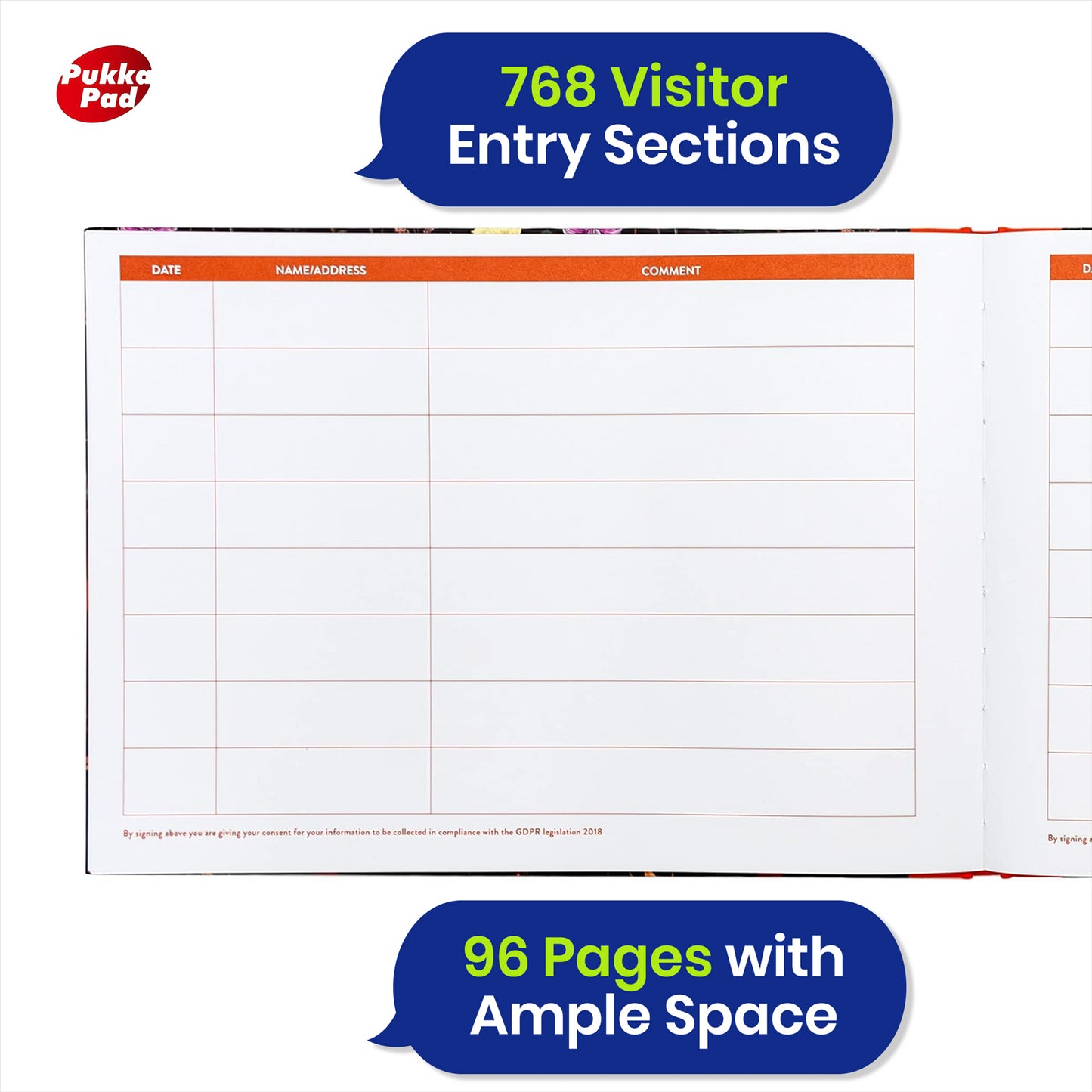 Pukka Pad A4 Visitor Log Book Black 96 Pages Floral Hardcover Sign In Book for Office or School