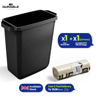 110L Bin Bags 25 Pack and 60L DURABIN Waste Bin Bundle Strong Recycled Plastic Set