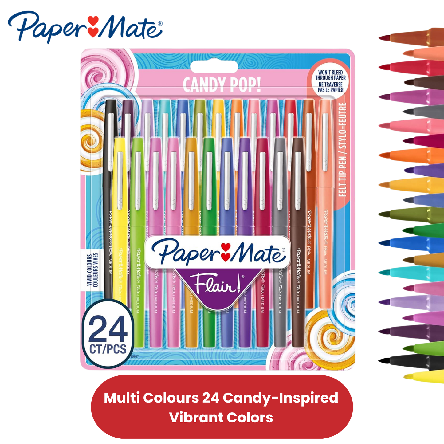Paper Mate Flair Felt Tip Pens Candy Pop (Pack of 24) - Vibrant Multi Colors Ink