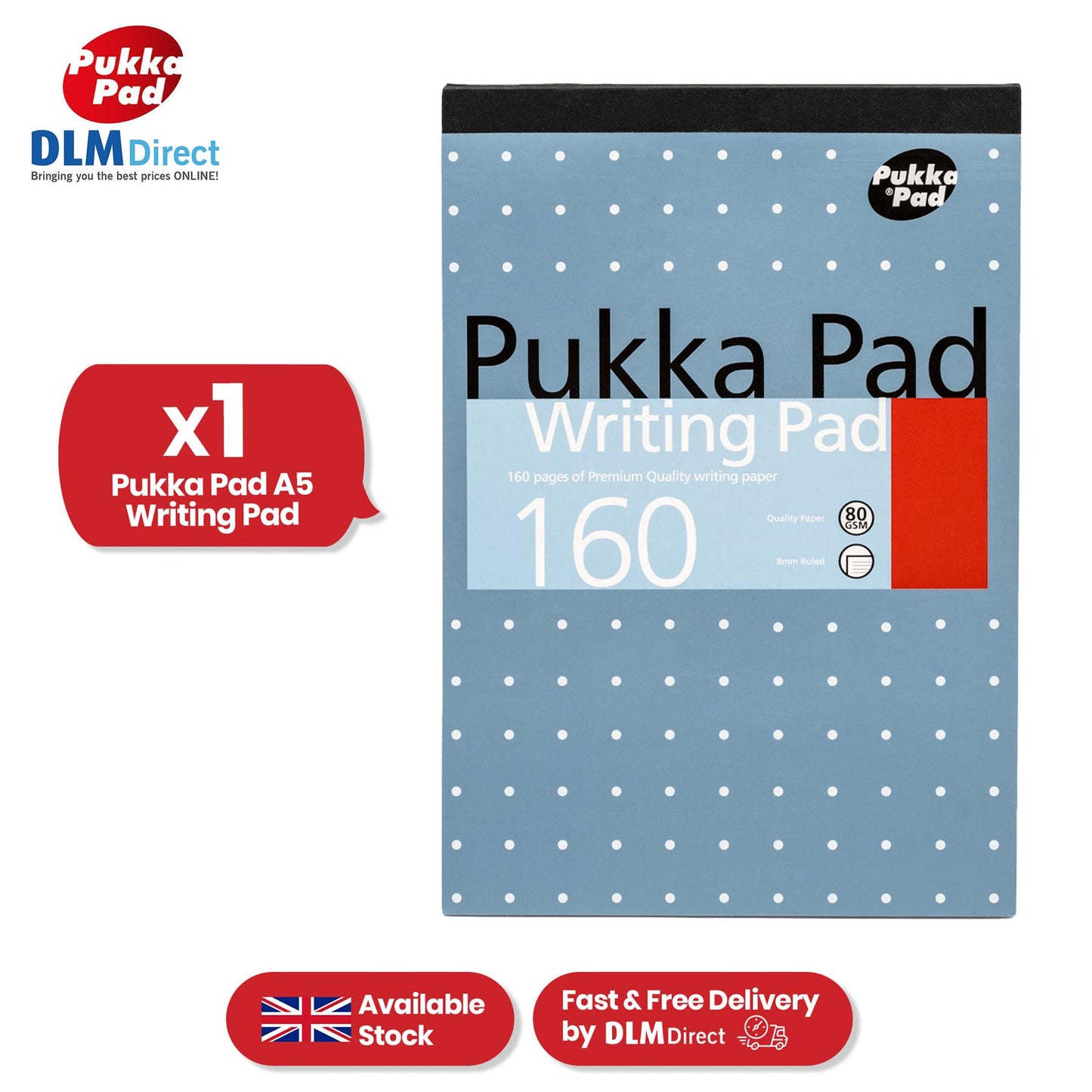 Pukka Pad A5 Writing Pad 160 Perforated Tear-Out Sheets Notepads, 80GSM Lined Notebook for Work