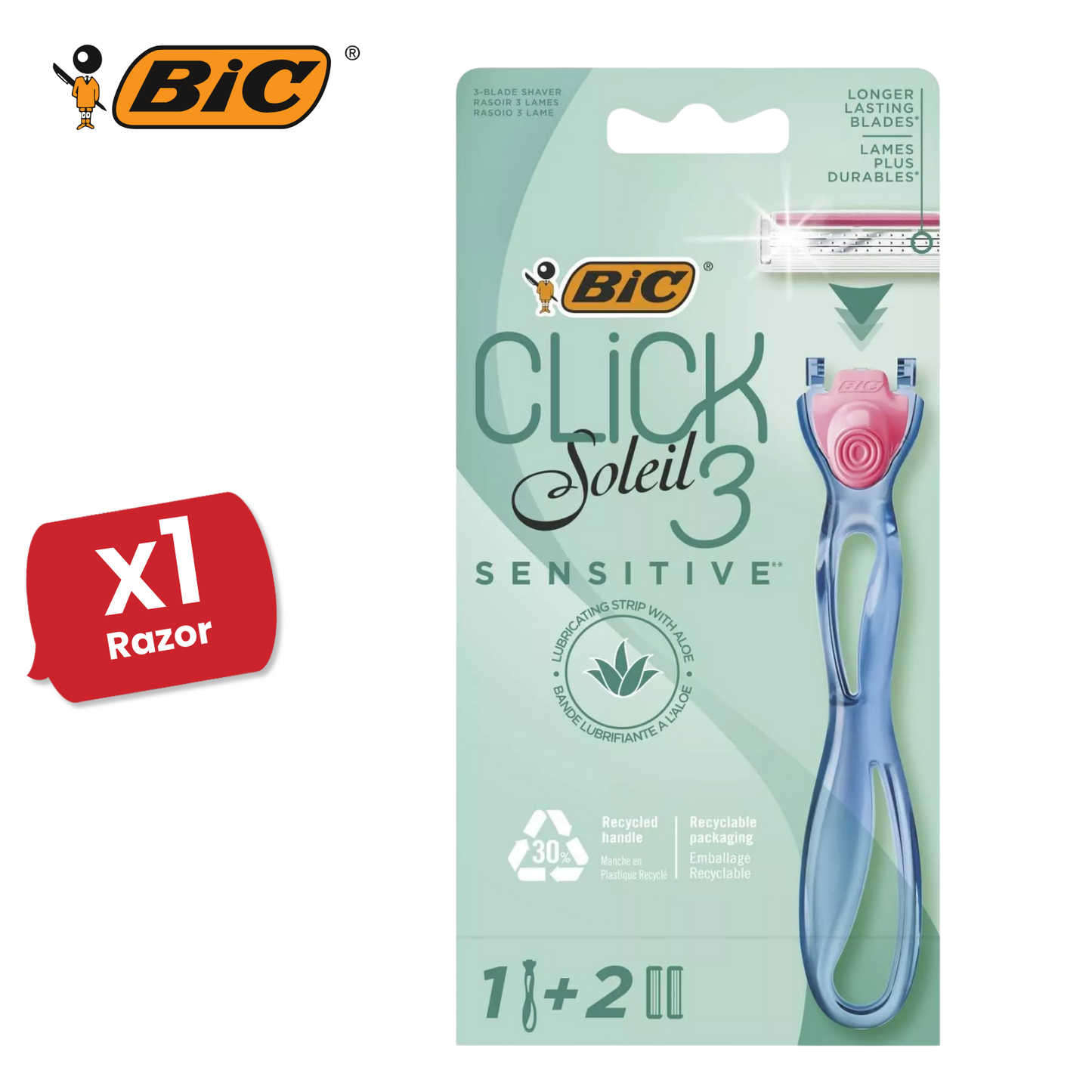 BIC Click 3 Soleil Sensitive Women's Razor Refills - 1 Handle + 4 Blades -1 to 5
