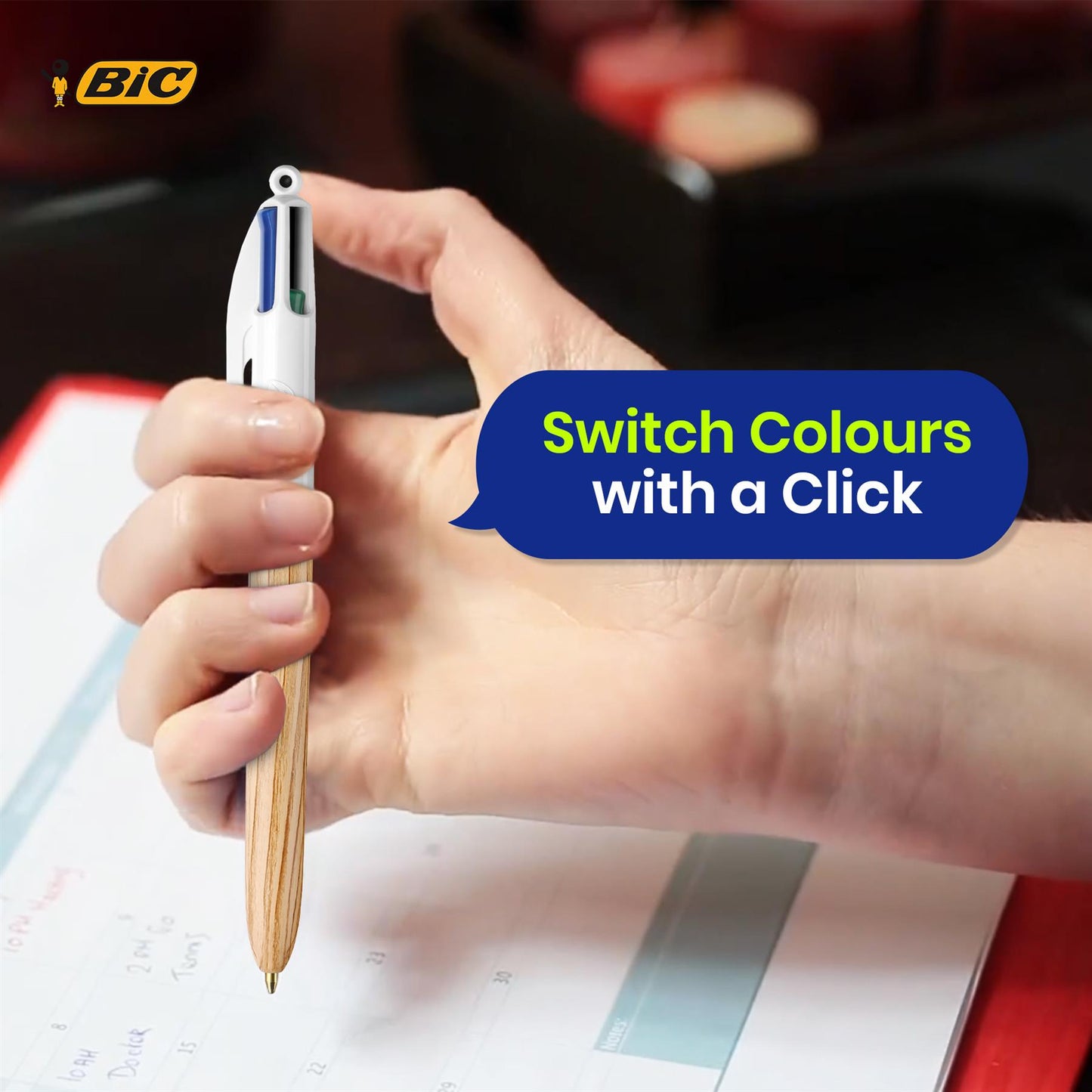 BIC 4-Colour Wood Effect Pens Multipen Retractable Medium Point for Office School Home