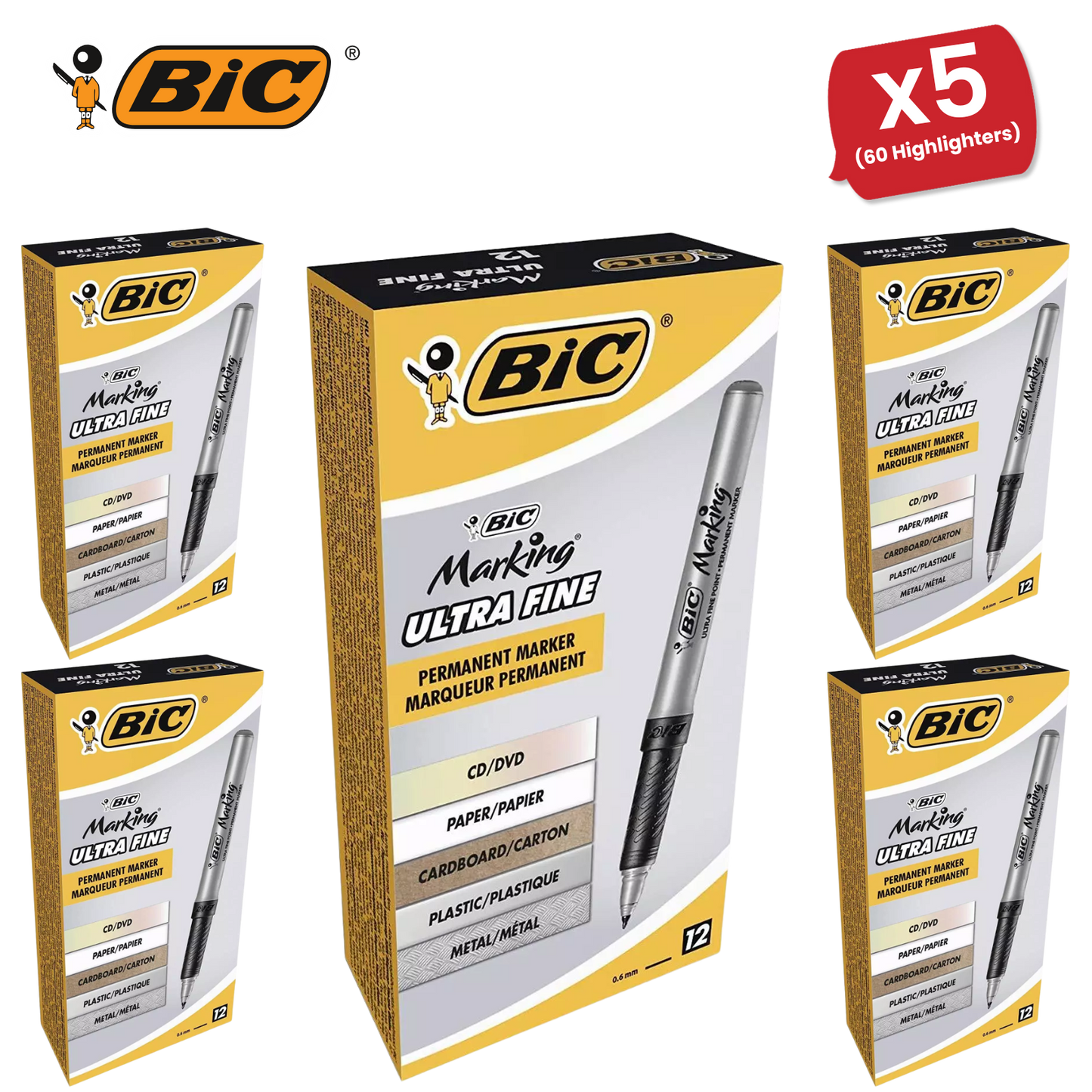 BIC Marking Permanent Markers Ultra Fine Tip Black - Pack of 12 - 1 to 5 Packs