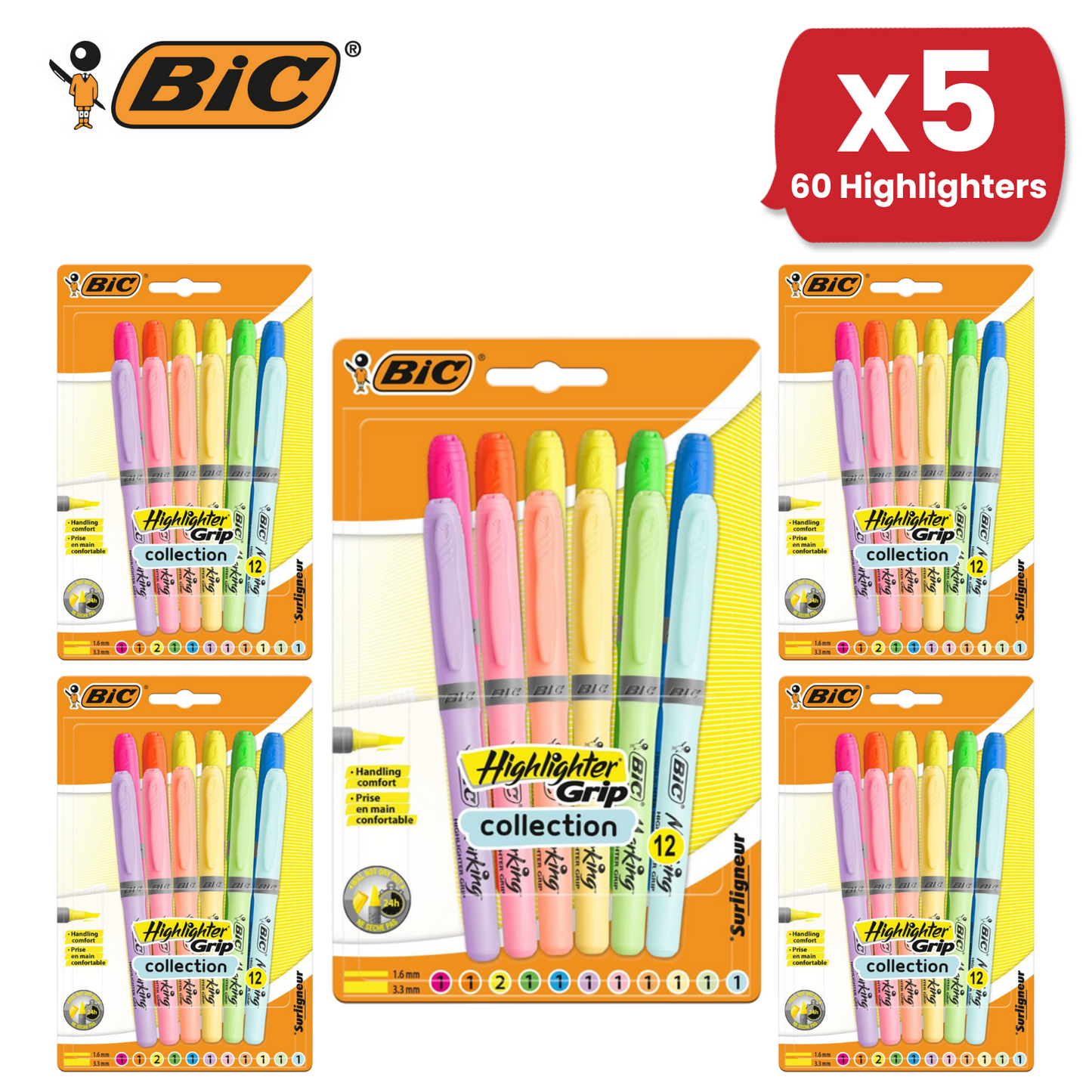 BIC Marking Highlighter Grip Collection Multi Colours Office & School Pack of 12