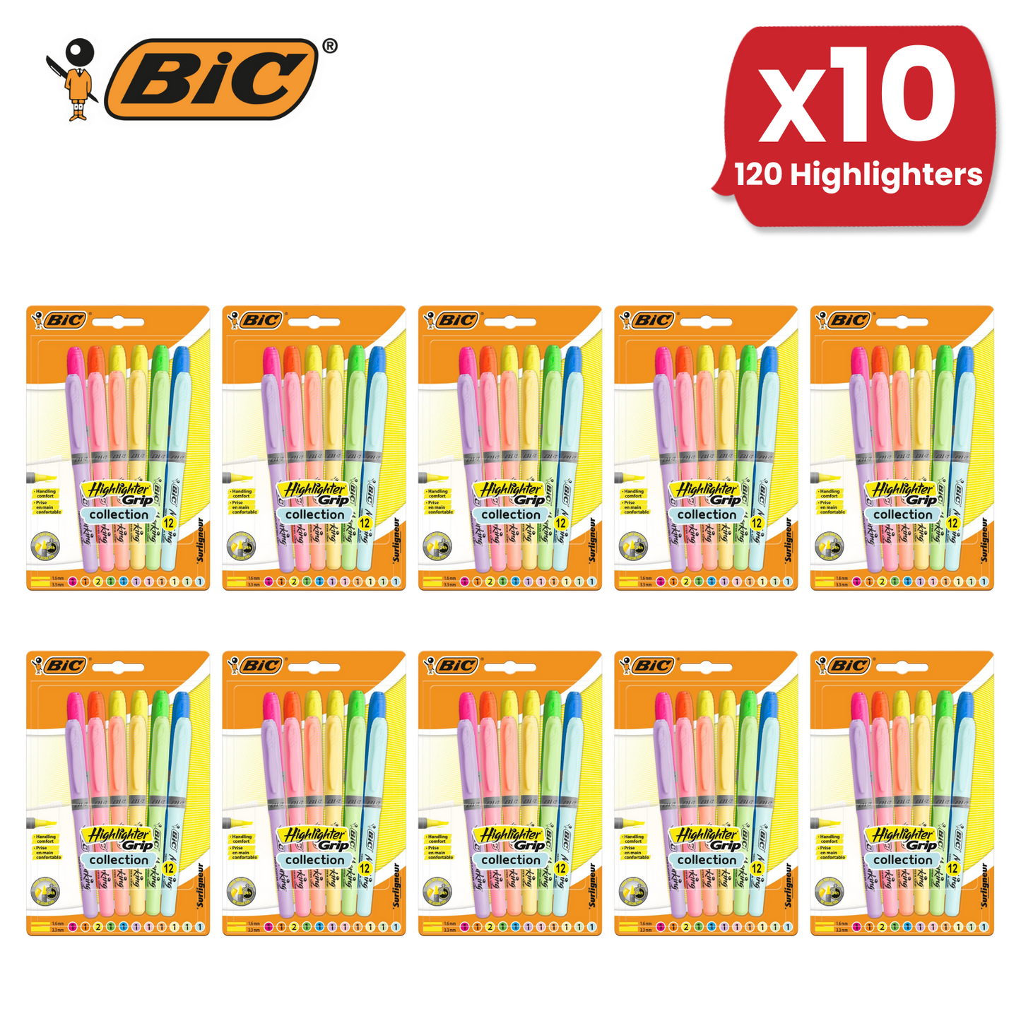 BIC Marking Highlighter Grip Collection Multi Colours Office & School Pack of 12