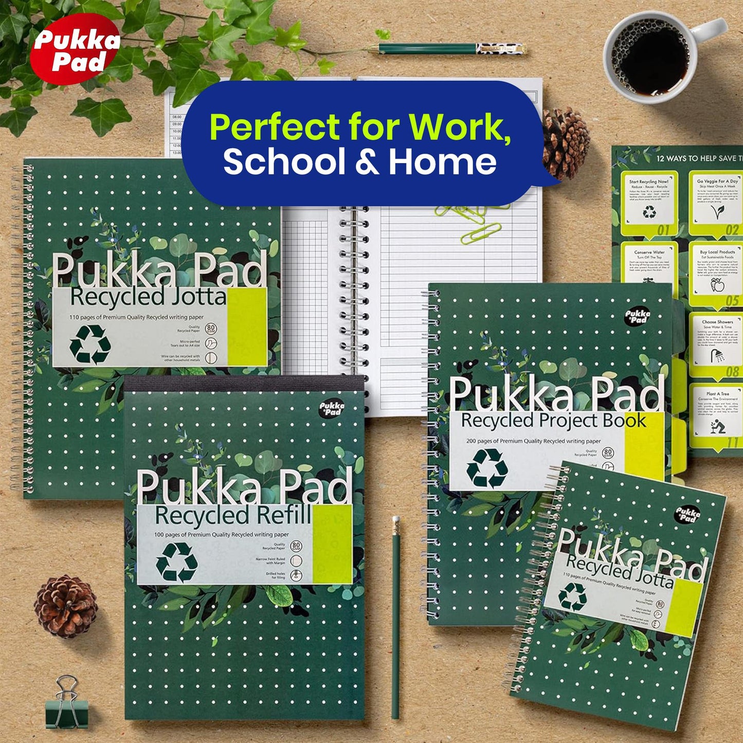 6x PUKKA PAD A4 Recycled Refill Notepad 110 Pages Feint Ruled for Office and Study