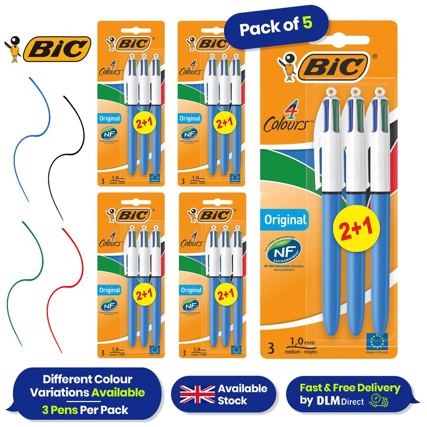 Bic 4-Colours Original Medium Ballpoint Pen 1.0mm Tip - Pack of 5