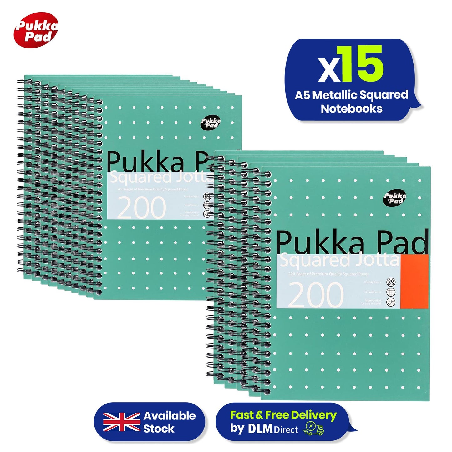 Pukka Pad A5 Squared Jotta Book 15-Pack Wirebound Notebook, 200 Pages for School & Office