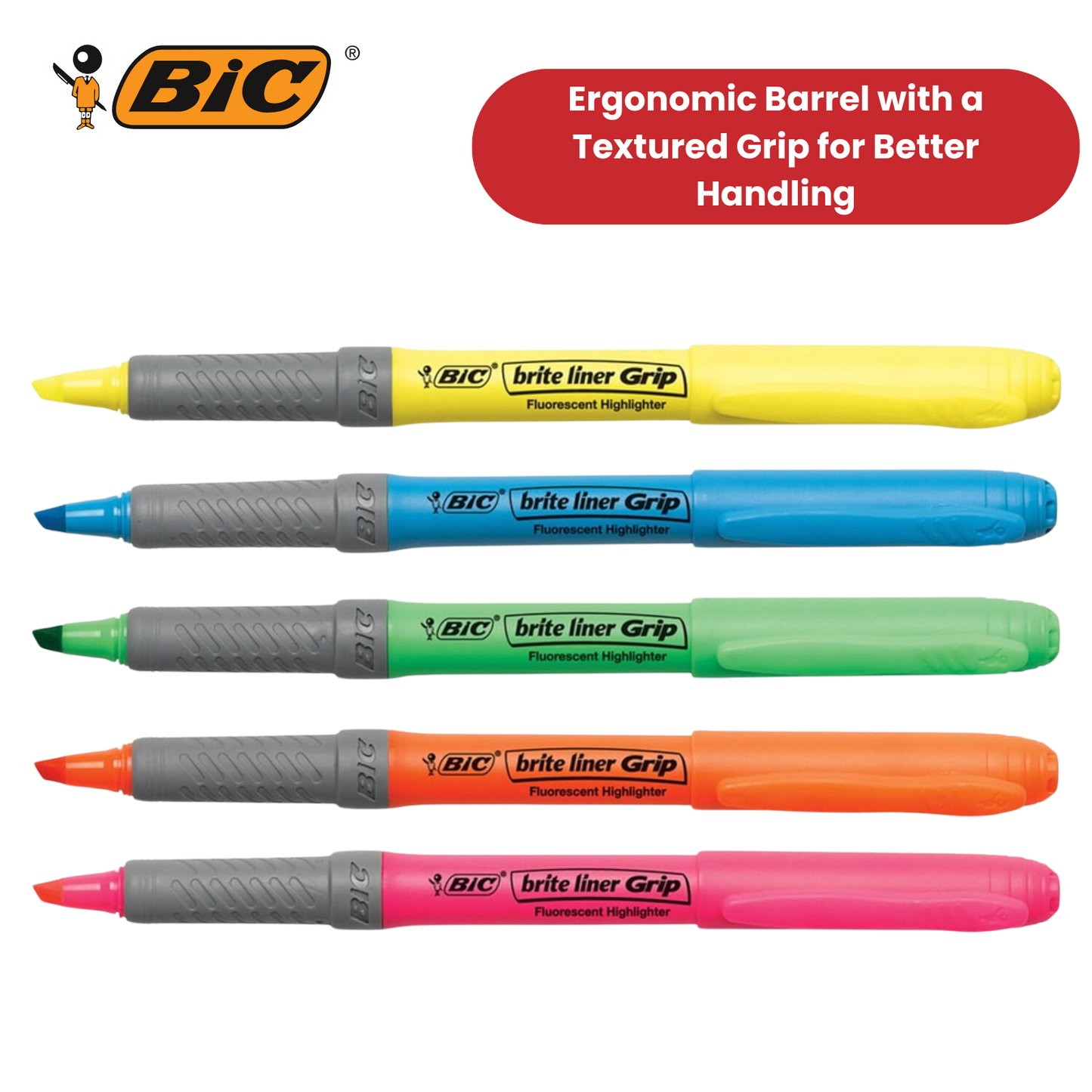 Bic brite liner Grip (1.6 to 3.3 mm) Chisel Tip Highlighter Pen Assorted (1 x Pack of 5 Highlighter Pens) - 1 to 5 Packs