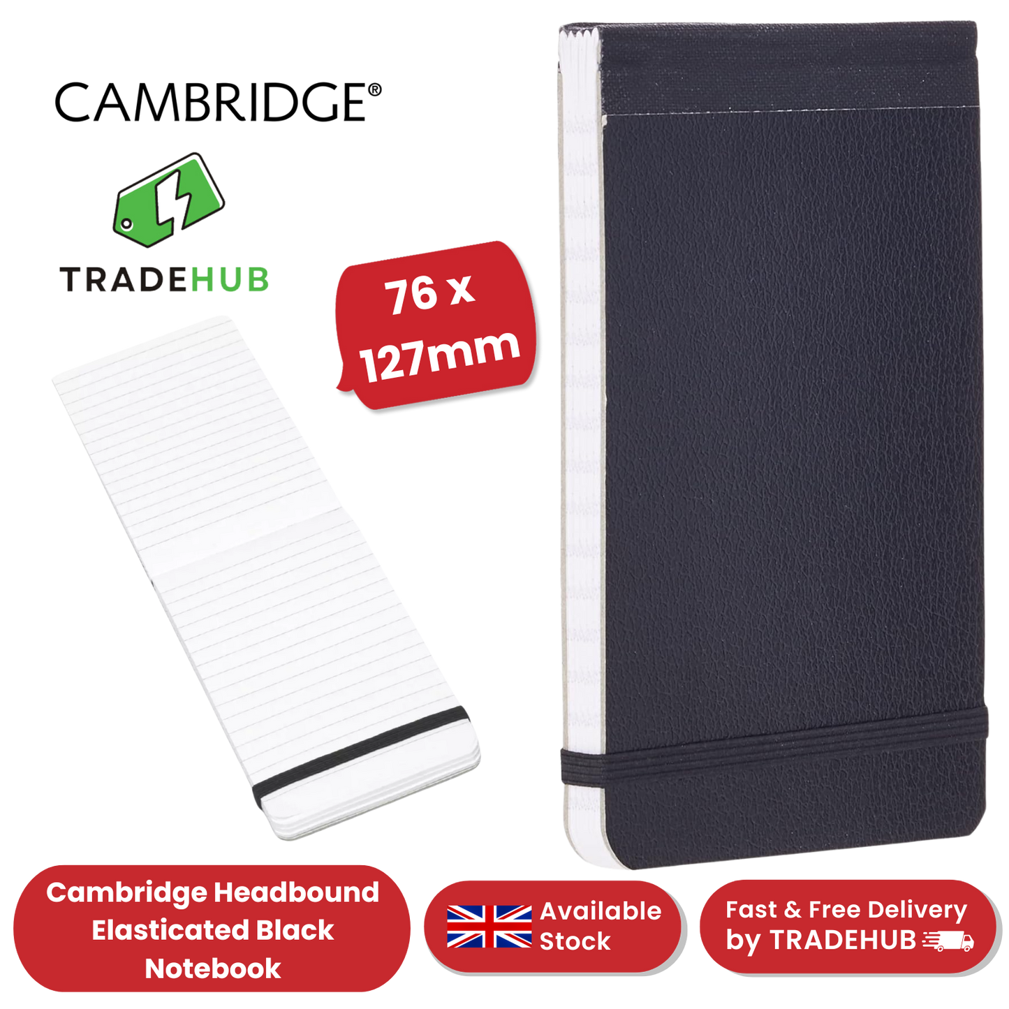 Cambridge Headbound Elasticated 76 x 127mm Black Notebook (Pack of 1) - 1 to 5 Packs
