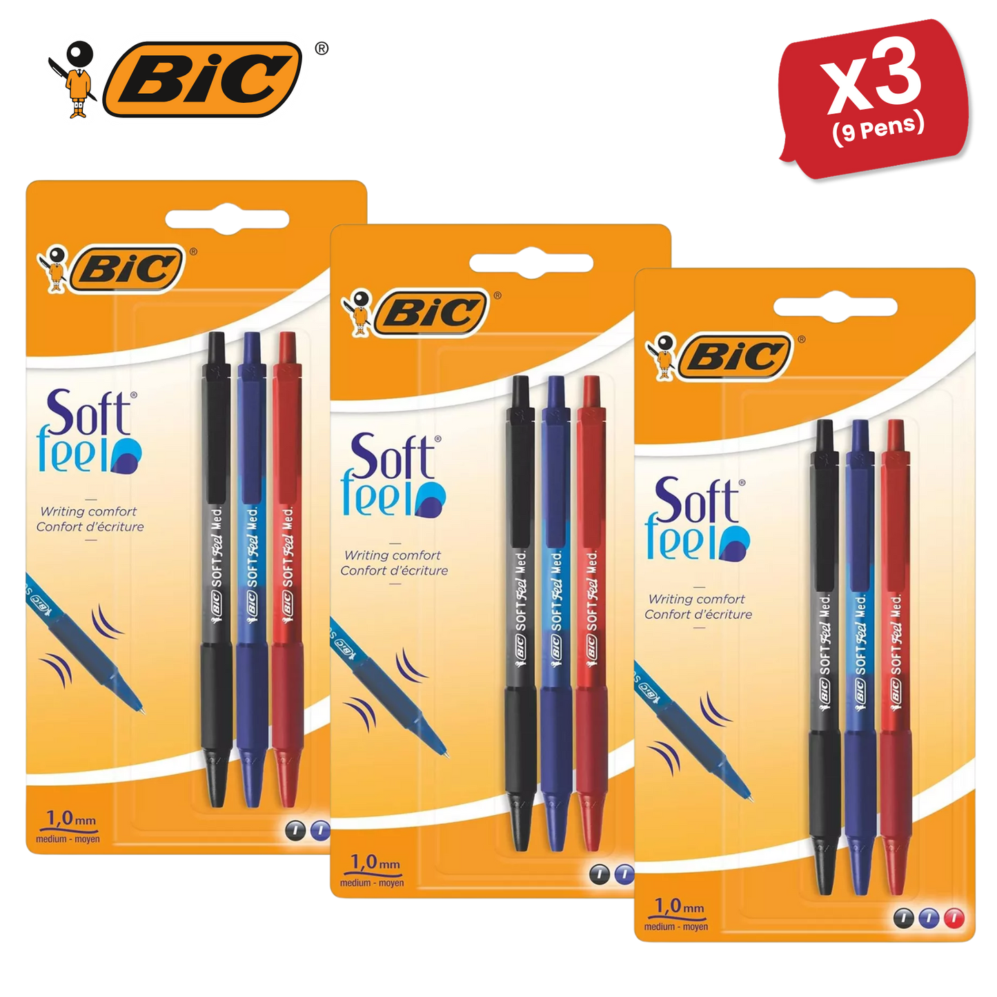 Bic Soft Feel Ballpoint Pens Medium Point (1.0 mm) (Black,Blue,Red), Pack of 3