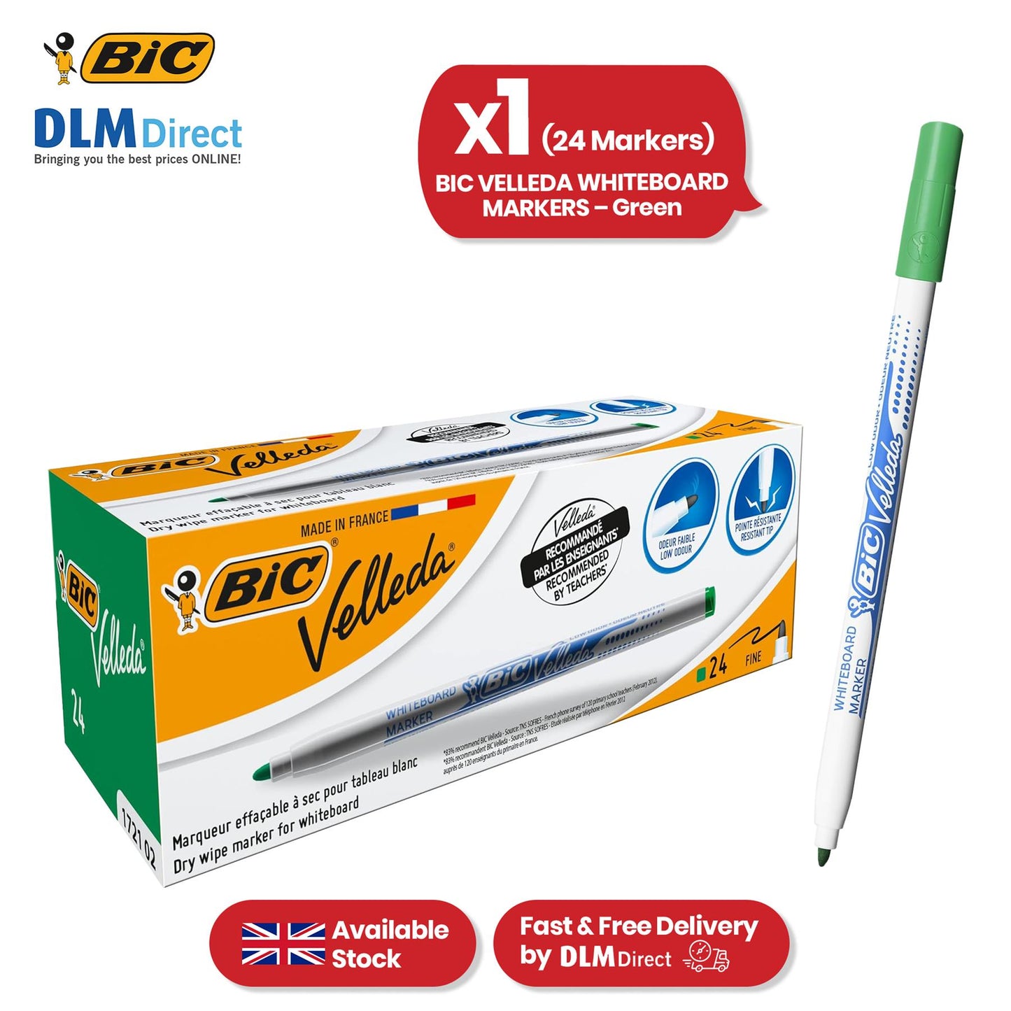 BiC Velleda 1721 Green Dry-Wipe Whiteboard Markers for Bold, Clean Writing, x24