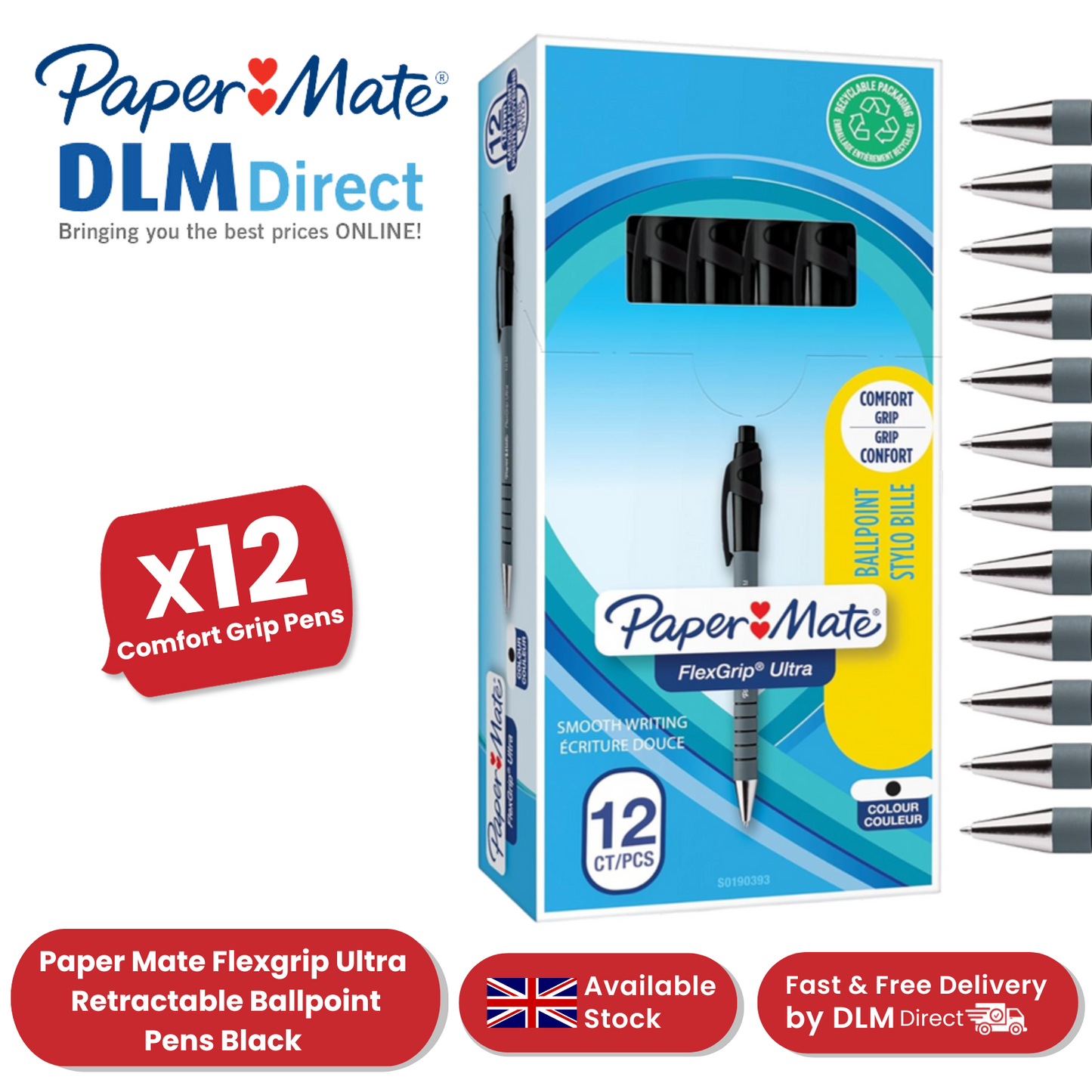 PAPERMATE FLEXGRIP ULTRA BALLPEN MEDIUM BLACK Pack of 12