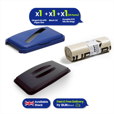 DURABIN 60L Blue Paper Lid & Black Lid with 25 Recycled Bin Bags for Home or Office Waste Sorting