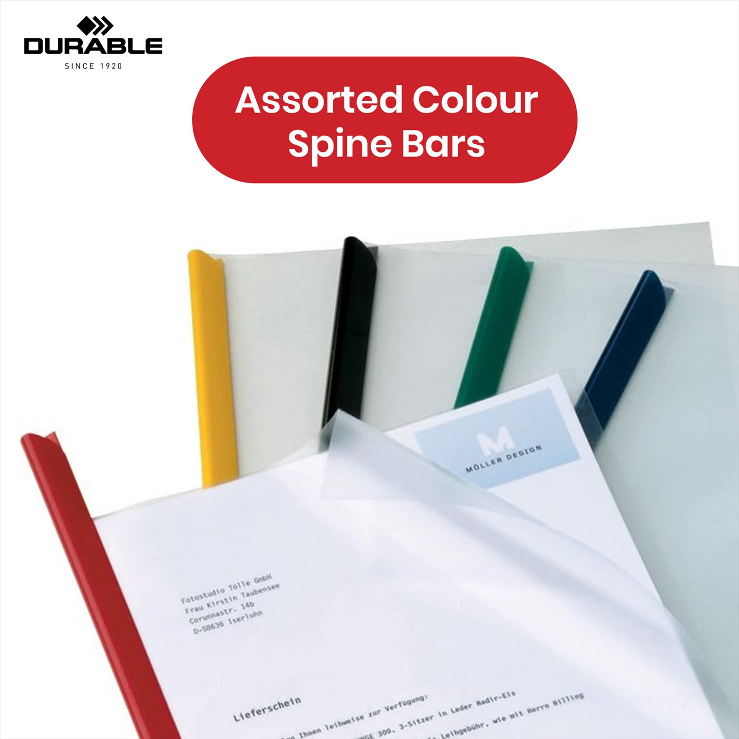 Durable A4 Clear Report Covers & Spine Bars, 10 Pack - Plastic Filing, Assorted Colours