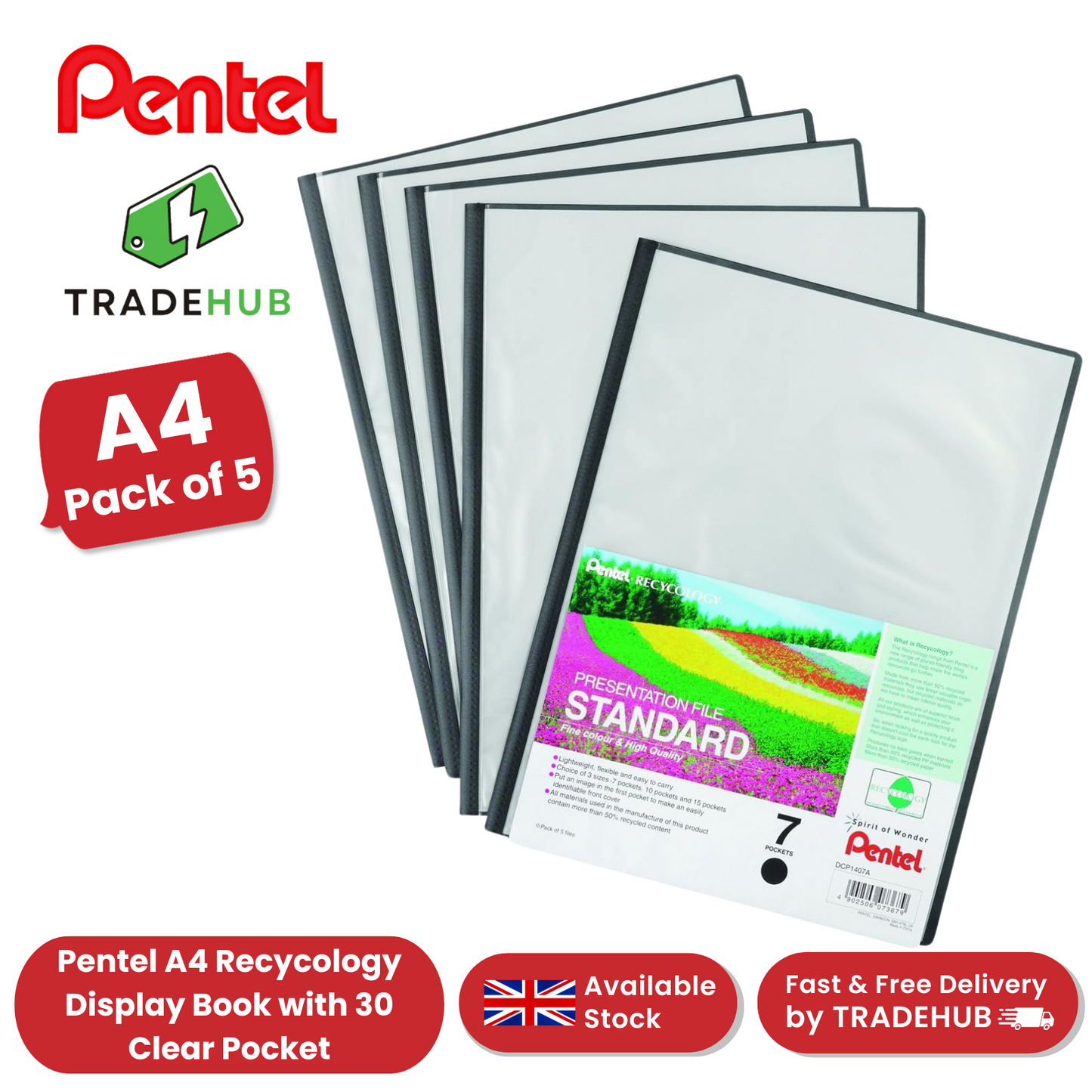 PENTEL RECY A4 PRES FILE 7PKT BLACK - Pack of 5