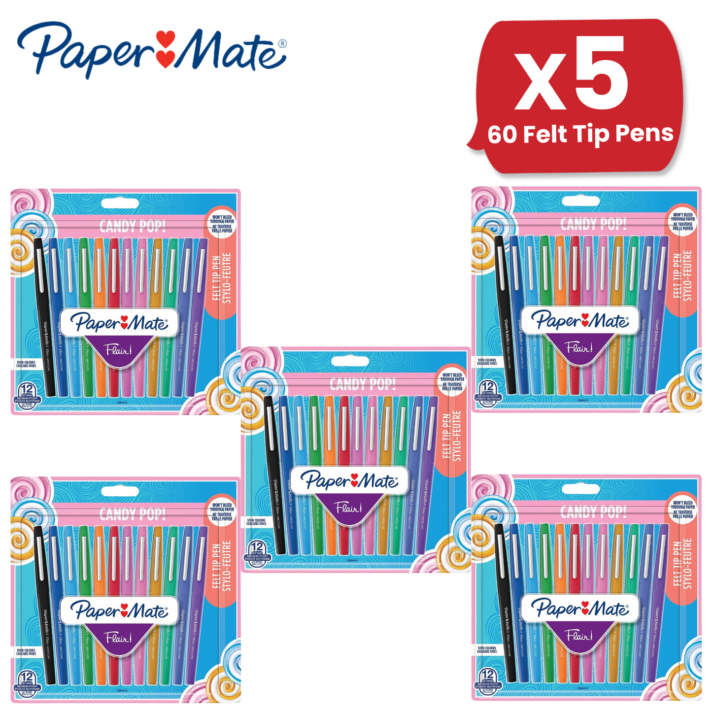 Paper Mate Flair Felt Tip Pens Candy Pop (12-Pack) - Vibrant Colors No-Bleed Ink