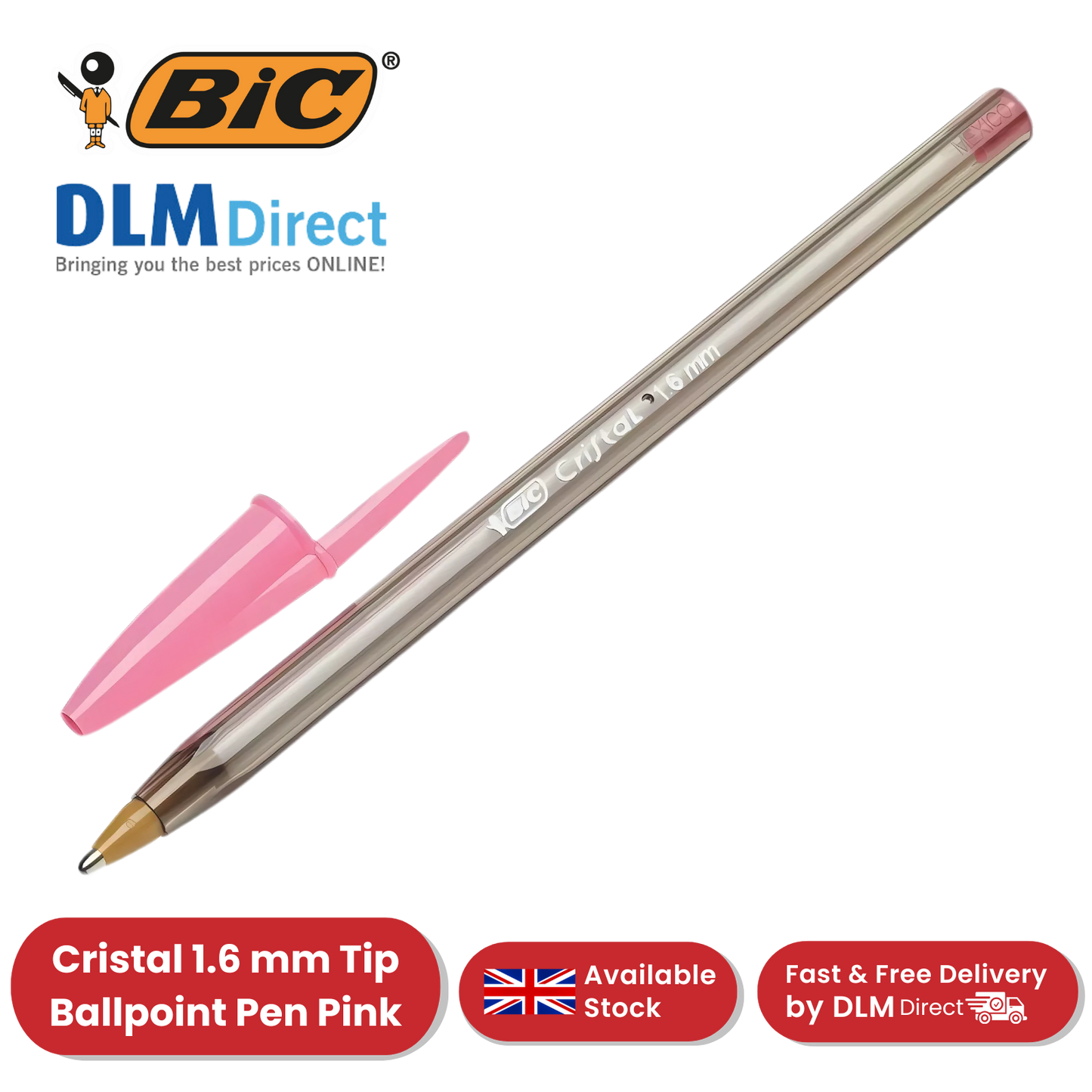 BIC Cristal Ballpoint 1.6mm Medium Point Pen Smooth Writing & Stylish Pen - Pink
