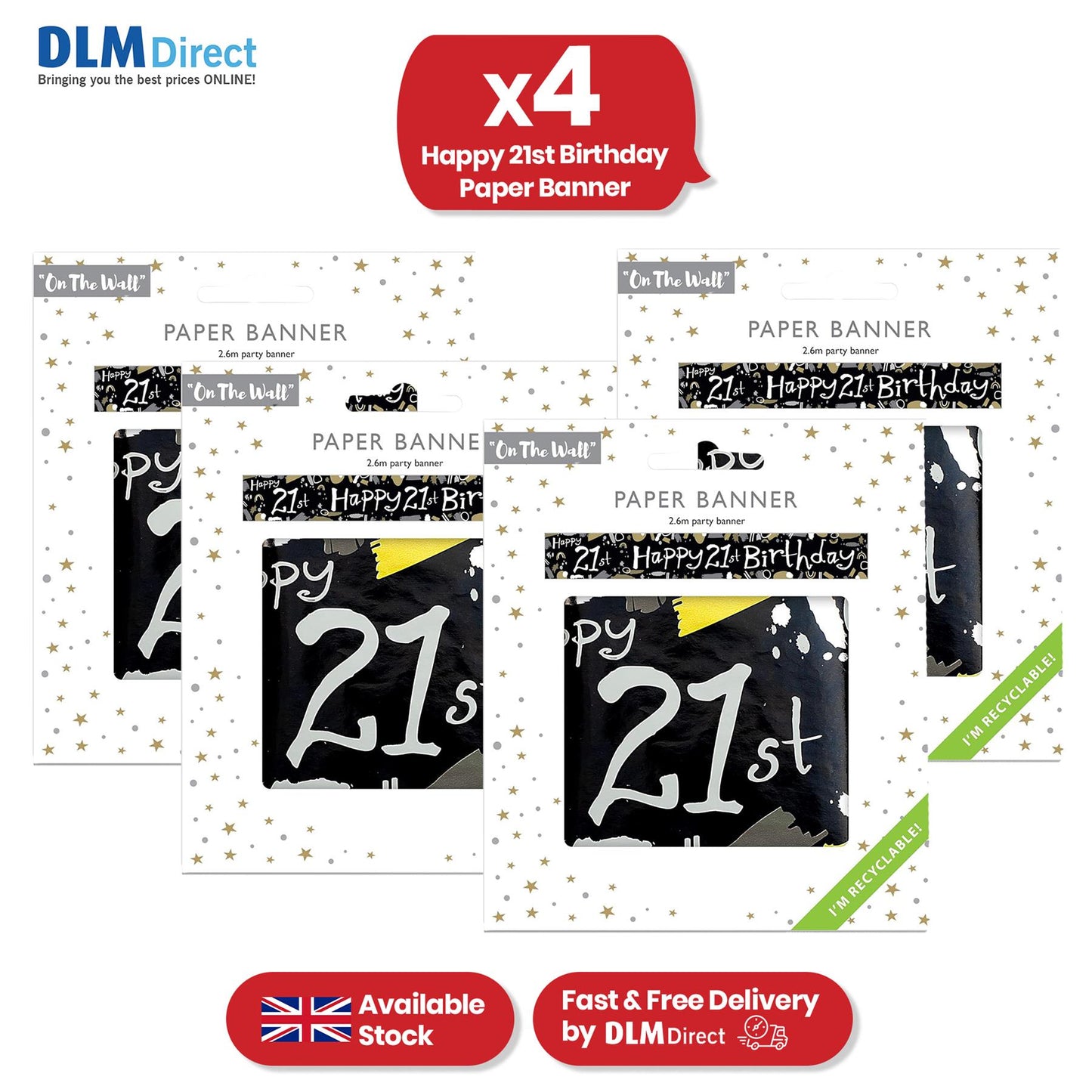 Happy 21st Birthday Black and White Recyclable Banner - 2.6m