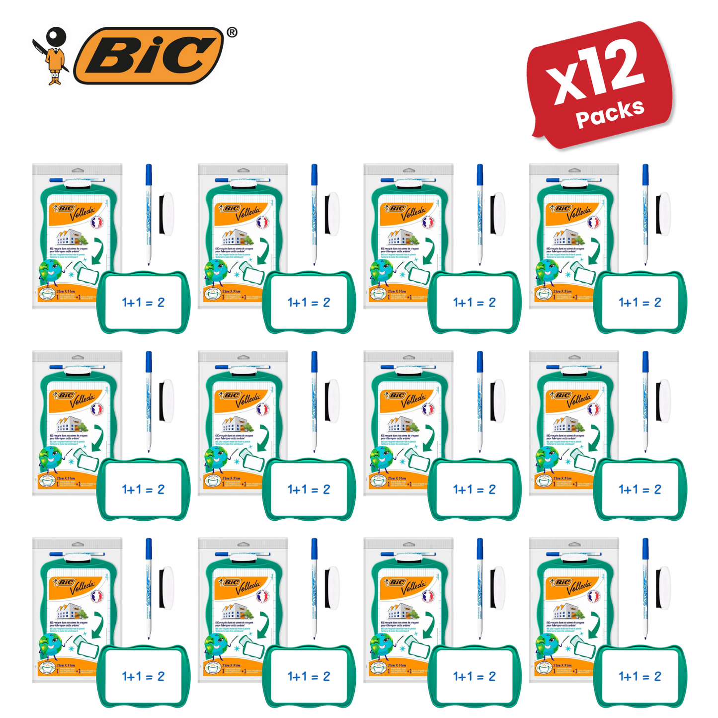 BIC Velleda Double-sided Whiteboard (21 x 31cm) with 2 Dry Erase Pens -2 to 36
