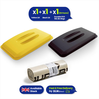 DURABIN 60L Yellow and Black Lids and 25x 110L Recycled Bin Bags Set