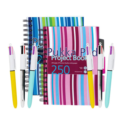 Pukka A5 Project Book With Dividers 1x Pad On Your Colour Choice & Bic 4 Colour Ballpoint Pens 2x
