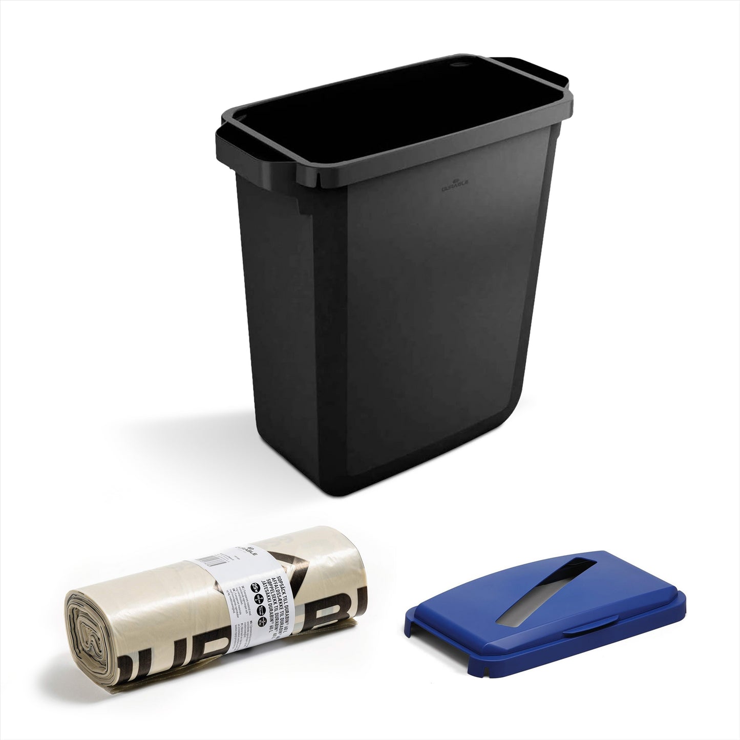 Waste bin DURABIN� ECO 60L rectangular+ Durable DURABIN 60 Hinged Lid with Paper Slot - Blue+ Durable ECO 110L Bin Bags 100% Recycled